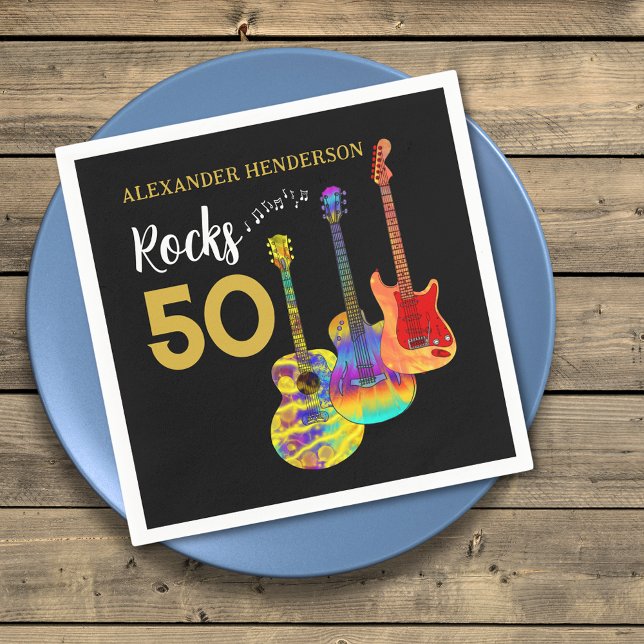 50th birthday Guitar Rocks 50 Personalised Napkin (Rock and roll 50th birthday party custom napkin with add name rocks 50 colorful guitars)