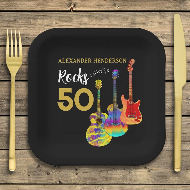 50th birthday Guitar Rocks 50 Personalised Paper Plate (Rock and roll 50th birthday party square paper plate personalized for him funky guitars gold & Black)
