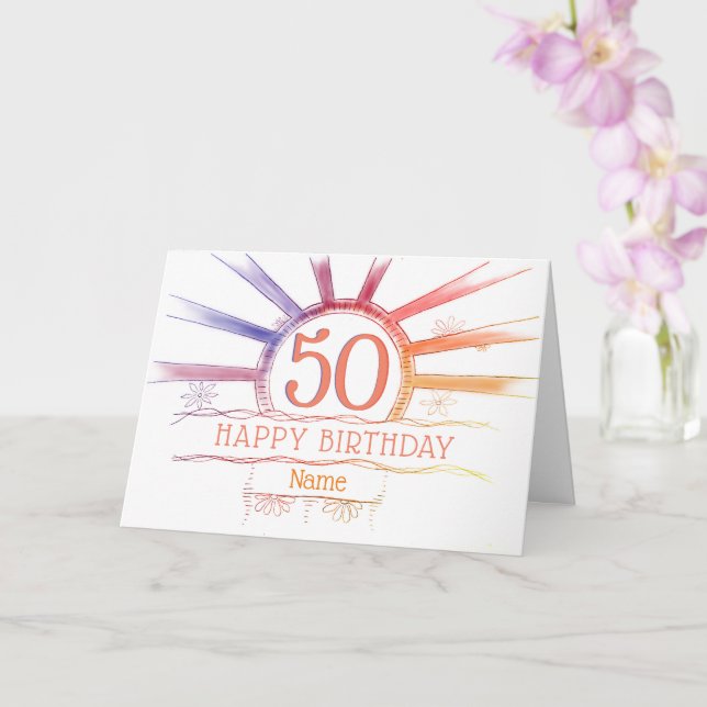 50th Birthday - hand drawn multi-colored sunburst Card (Orchid)
