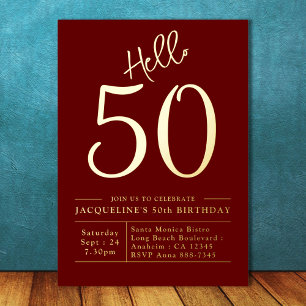 50th Birthday Hello 50 Burgundy Gold