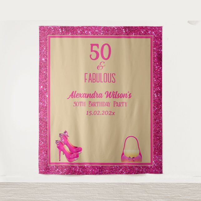 50th Birthday High Heels Pink Glittery Back Drop  Tapestry (Front)