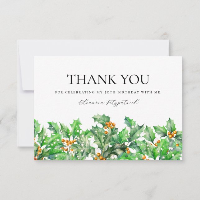 50th Birthday Holly December Birth Flower Custom Thank You Card (Front)