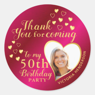 50th Birthday Hot Pink and Gold Thank You Favour Classic Round Sticker