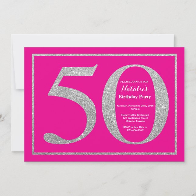 50th Birthday Hot Pink and Silver Glitter Invitation (Front)