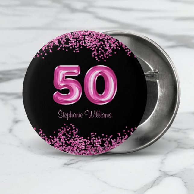 50th Birthday Hot Pink Balloon Font Faux Glitter 3 Cm Round Badge (Shop the collection for matching partyware and gift items for your 50th Birthday celebrations.)