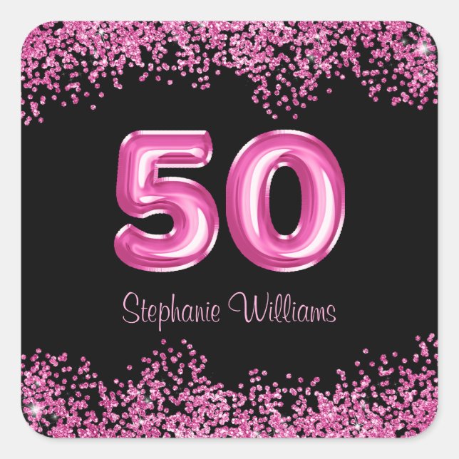 50th Birthday Hot Pink Balloons | Faux Glitter Square Sticker (Front)