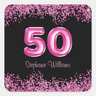 50th Birthday Hot Pink Balloons   Faux Glitter Square Sticker