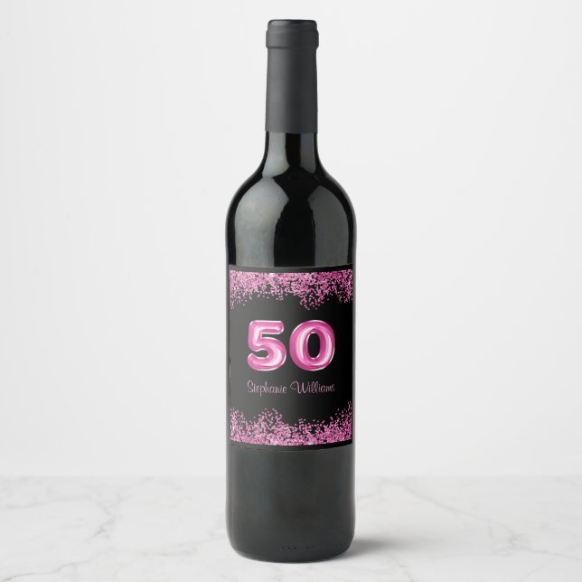 50th Birthday Hot Pink Balloons | Faux Glitter Wine Label (Front)