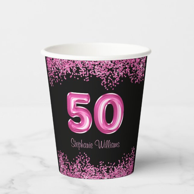 50th Birthday Hot Pink Balloons Glitter Party  Paper Cups (Front)
