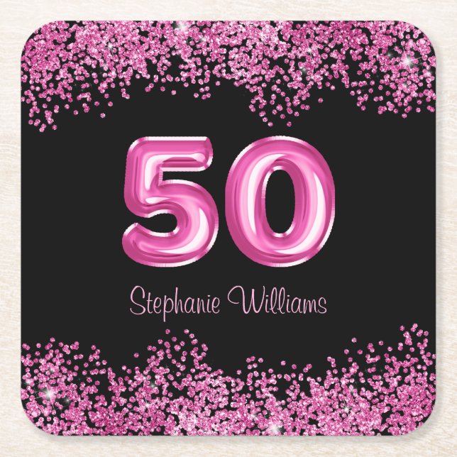 50th Birthday Hot Pink Balloons Glitter Party  Square Paper Coaster (Front)