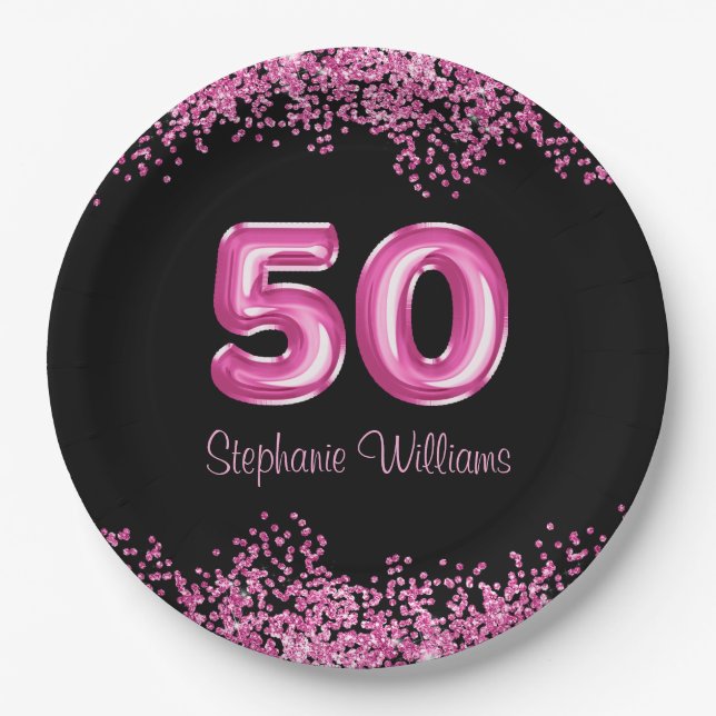 50th Birthday Hot Pink Balloons Gllitter Party  Paper Plate (Front)