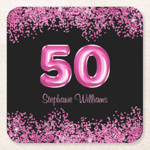 50th Birthday Hot Pink Balloons Gllitter Party  Square Paper Coaster