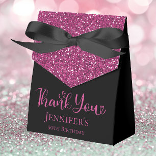 50th Birthday Hot Pink Glitter Black Thank You Favour Box