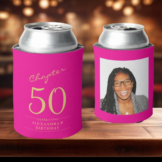 50th Birthday Hot Pink Gold Photo Template Can Cooler (Custom hot pink can coolers on a bar top)