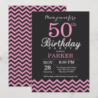 50th Birthday Invitation Black and Pink Chevron