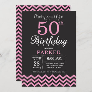 50th Birthday Invitation Black and Pink Chevron