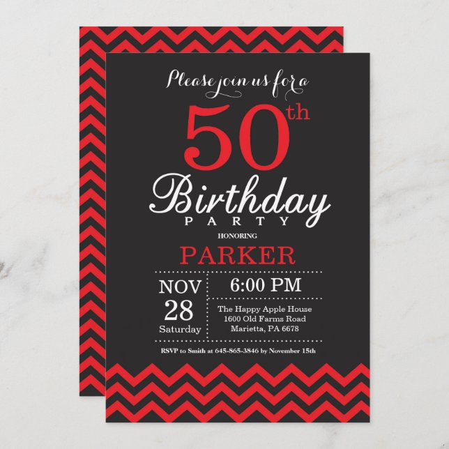 50th Birthday Invitation Black and Red (Front/Back)