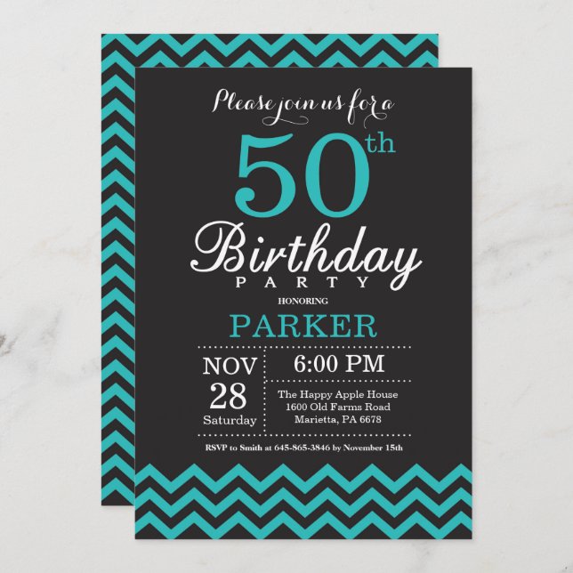 50th Birthday Invitation Black and Teal (Front/Back)