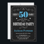 50th Birthday Invitation Blue and Black Chalkboard<br><div class="desc">50th Birthday Invitation Blue and Black Typography. Chalkboard. Black and White Background. Adult Birthday. Male Men or Women Birthday. Kids Boy or Girl Lady Teen Teenage Bday Invite. 13th 15th 16th 18th 20th 21st 30th 40th 50th 60th 70th 80th 90th 100th. Any Age. For further customisation, please click the "Customise...</div>