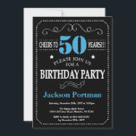 50th Birthday Invitation Blue and Black Chalkboard<br><div class="desc">50th Birthday Invitation Blue and Black Typography. Chalkboard. Black and White Background. Adult Birthday. Male Men or Women Birthday. Kids Boy or Girl Lady Teen Teenage Bday Invite. 13th 15th 16th 18th 20th 21st 30th 40th 50th 60th 70th 80th 90th 100th. Any Age. For further customisation, please click the "Customise...</div>