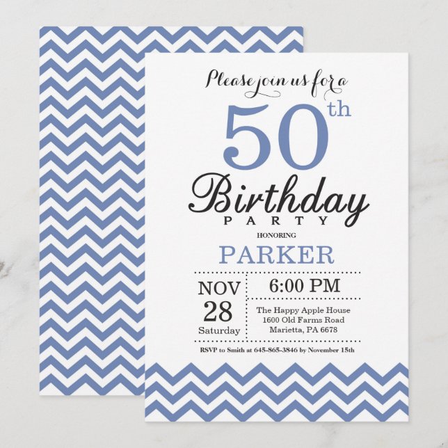 50th Birthday Invitation Blue Chevron (Front/Back)
