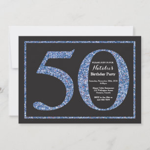 50th Birthday Invitation Blue Glitter Chalkboard