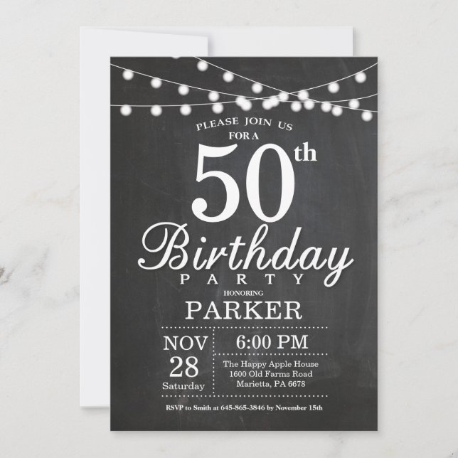 50th Birthday Invitation Chalkboard String Lights (Front)