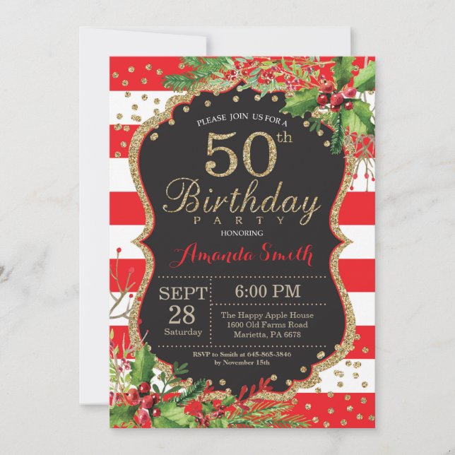 50th Birthday Invitation. Christmas Red Black Gold Invitation (Front)
