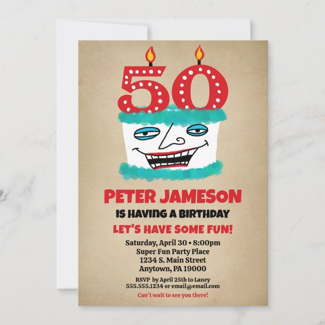 50th Birthday Invitation Funny Cake Casual Mens (Front)