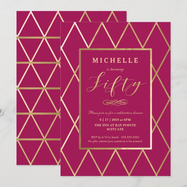 50th Birthday Invitation - Gold, Elegant, Trendy (Front/Back)