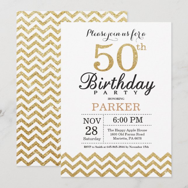 50th Birthday Invitation Gold Glitter (Front/Back)
