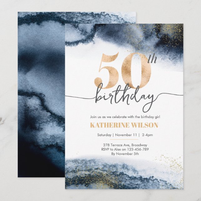 50th birthday invitation Navy watercolor and gold (Front/Back)