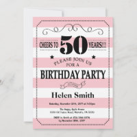 50th Birthday Invitation Pink and White Stripes