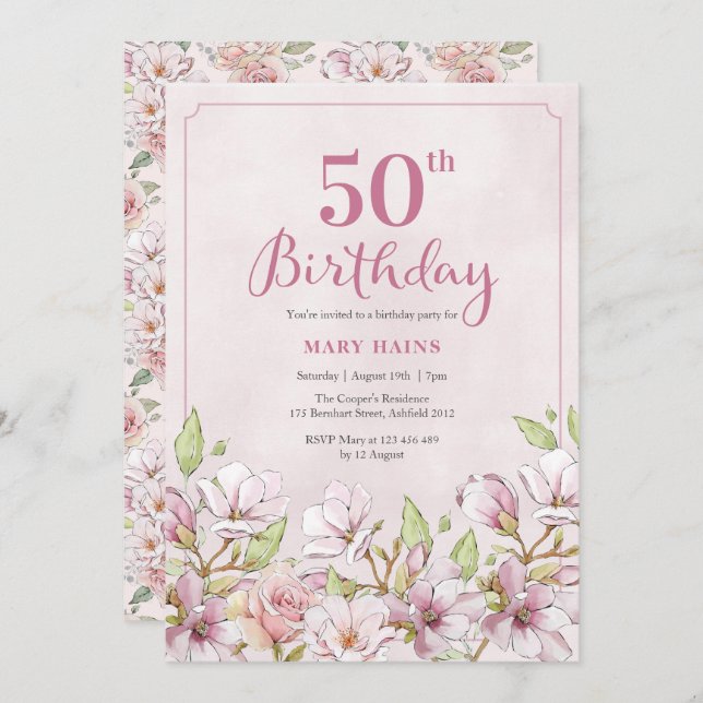 50th Birthday Invitation Pink Floral (Front/Back)