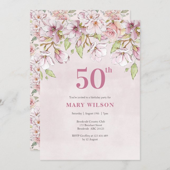 50th Birthday Invitation Pink Floral (Front/Back)
