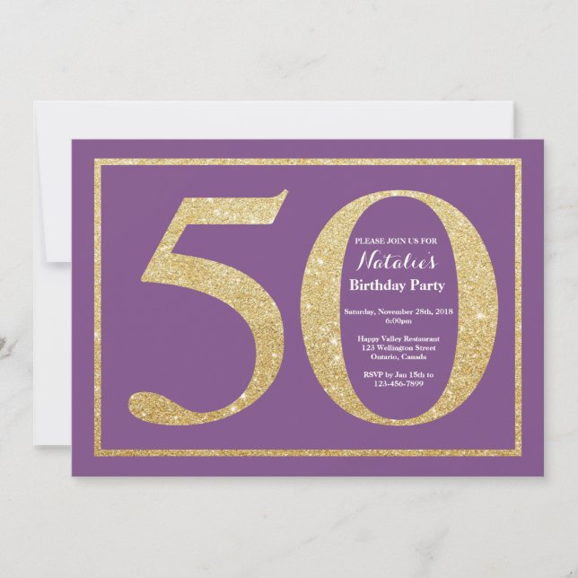 50th Birthday Invitation Purple and Gold Glitter (Front)