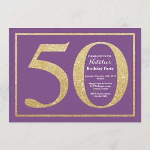 50th Birthday Invitation Purple and Gold Glitter
