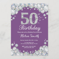 50th Birthday Invitation Purple and Silver Diamond