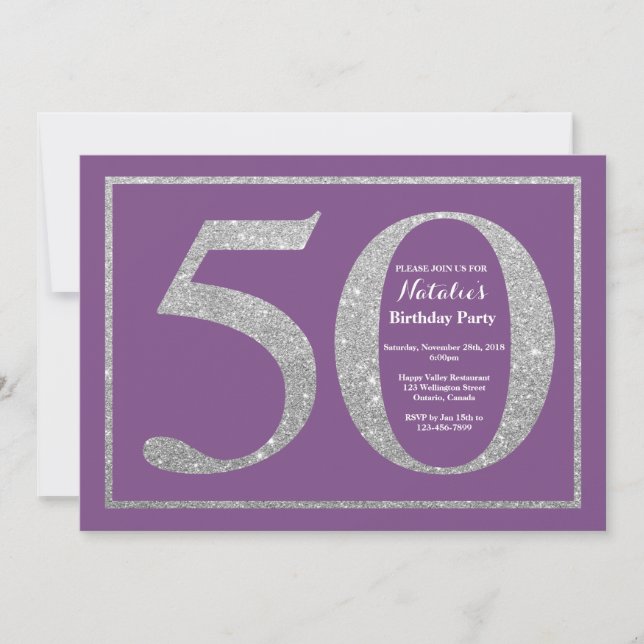 50th Birthday Invitation Purple and Silver Glitter (Front)