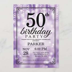 50th Birthday Invitation Purple Glitter