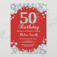 50th Birthday Invitation Red and Silver Diamond