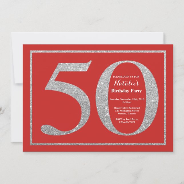 50th Birthday Invitation Red and Silver Glitter (Front)