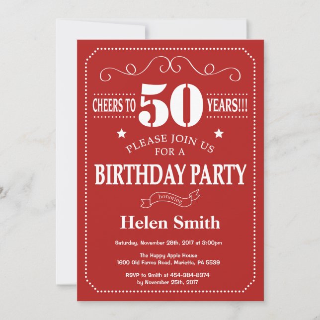 50th Birthday Invitation Red and White (Front)