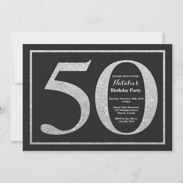 50th Birthday Invitation Silver Glitter Chalkboard (Front)