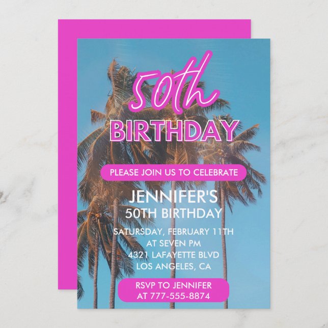 50th birthday invitation Summer Tropical Palm tree (Front/Back)