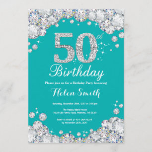 50th Birthday Invitation Teal and Silver Diamond
