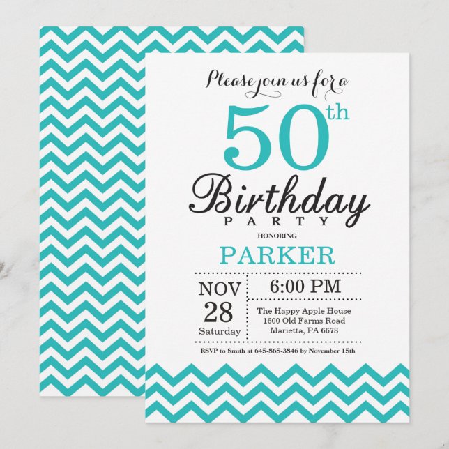50th Birthday Invitation Teal Chevron (Front/Back)