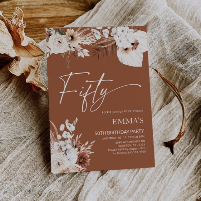 50th Birthday Invitation Terracotta Boho Pampas  (Creator Uploaded)