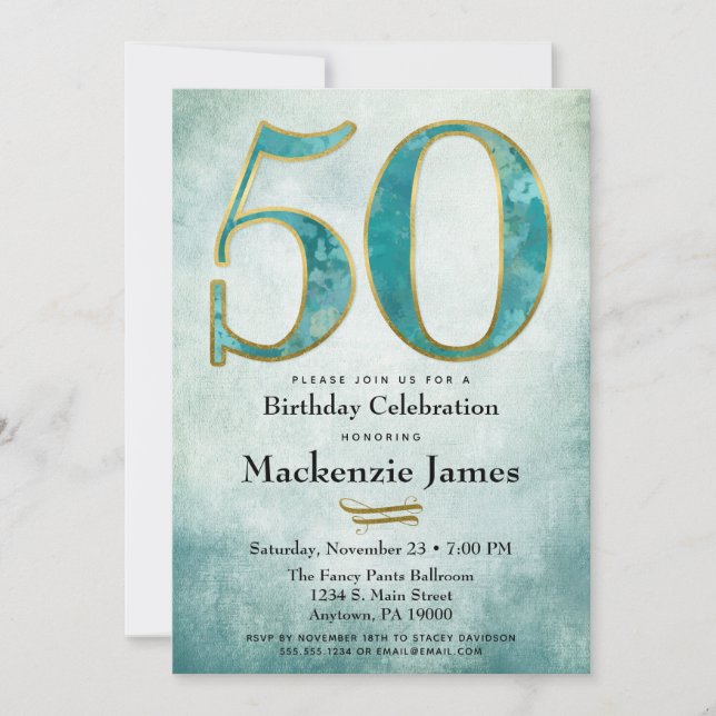 50th Birthday Invitation Turquoise Blue Gold Adult (Front)