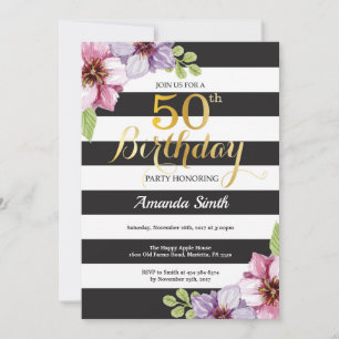 50th Birthday Invitation Women. Floral Gold Black